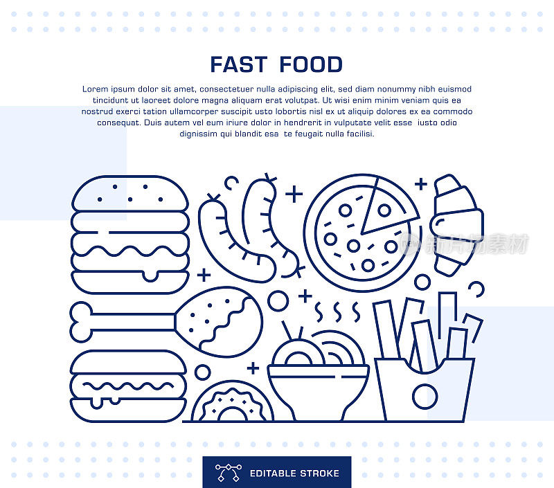 快餐概念标题，网页横幅模板。可编辑的细线插图