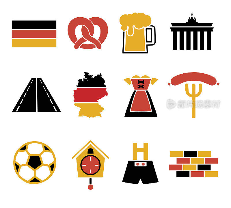 矢量图标设置创建与德国相关的信息图，如皮裤，啤酒杯，椒盐卷饼，紧身连衣裙或足球在传统的德国国旗颜色红色，金色和黑色