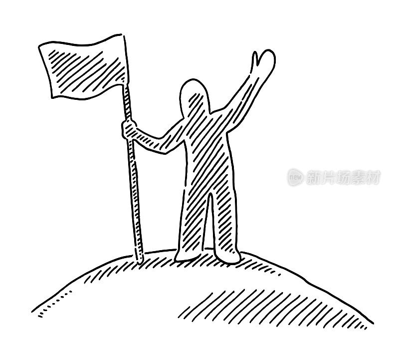 成功的人物形象举着旗帜在顶端绘图