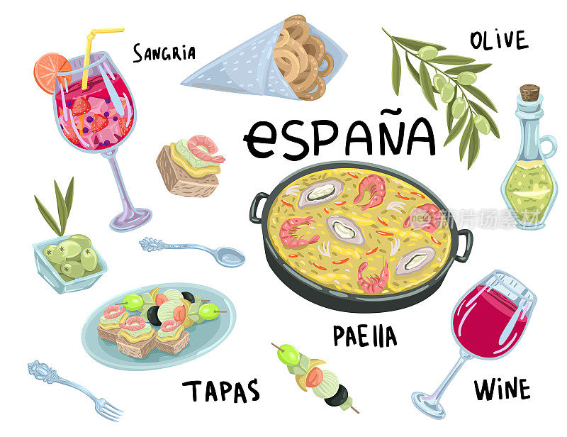 一套西班牙食物和饮料。餐前小吃和葡萄酒。矢量手绘