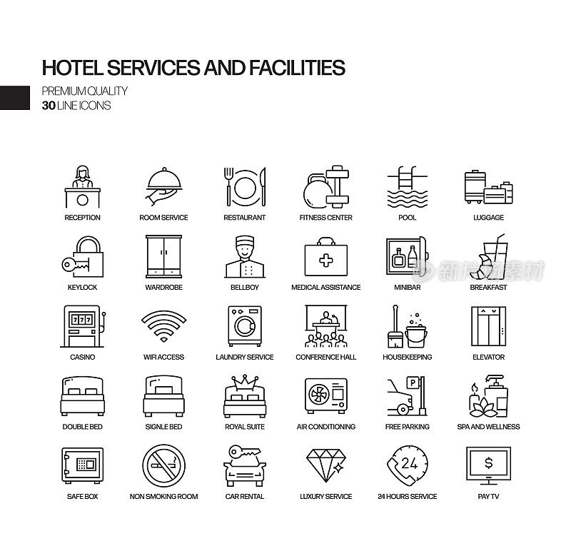 与酒店服务和设施相关的矢量线图标的简单设置。大纲符号集合。