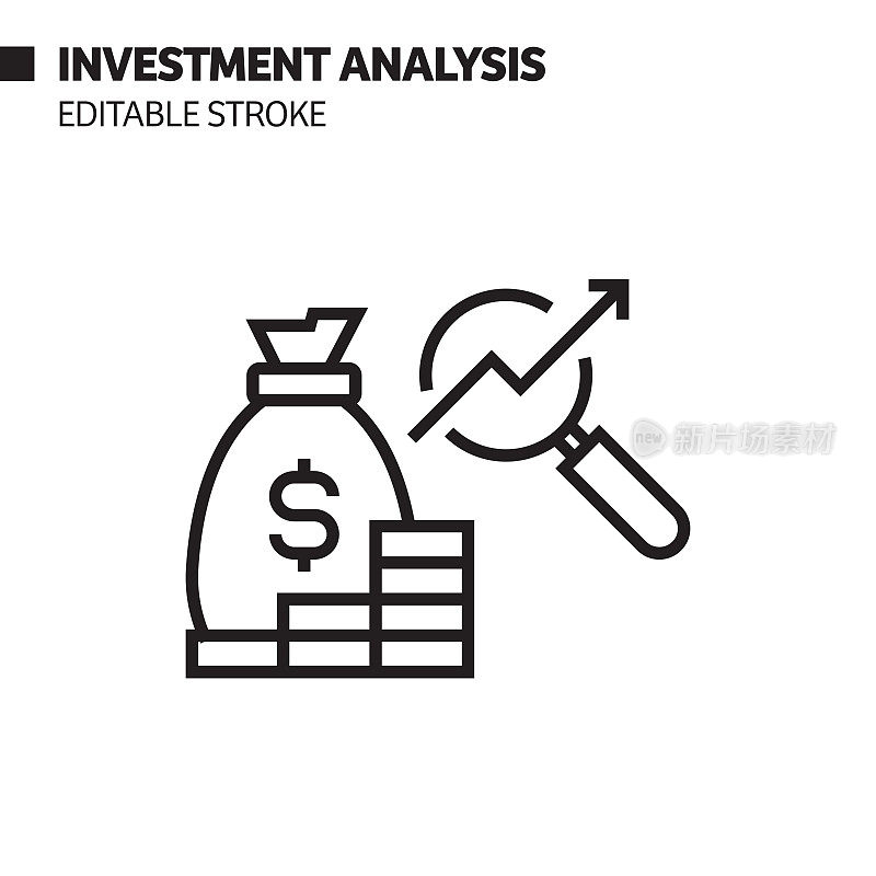 投资分析线图标，轮廓矢量符号插图。完美像素，可编辑的描边。