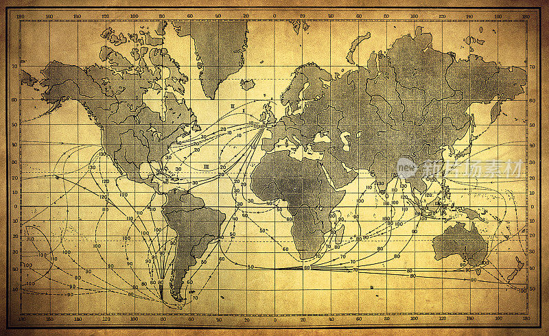 19世纪帆船航路的古老世界地图