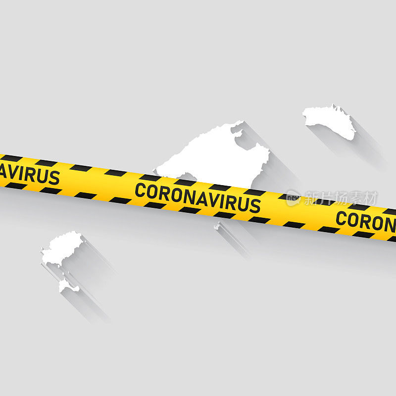 带有冠状病毒警告胶带的巴利阿里群岛地图。Covid-19爆发