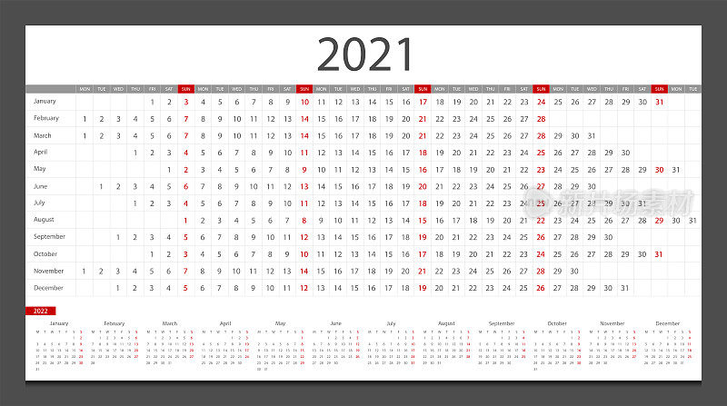 日历2021年，日历2022设计模板周开始星期一。年计划。