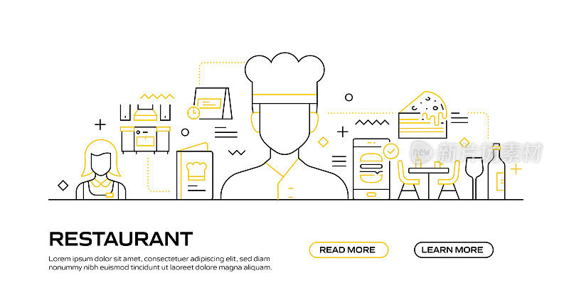 餐厅，食品和饮料相关的现代线条风格网页横幅矢量插图