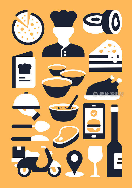 餐厅，食物和饮料相关的平面风格矢量插图