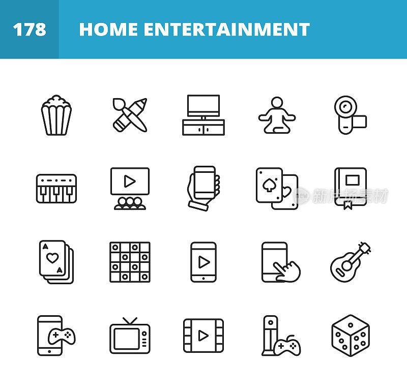 家庭娱乐线路图标。可编辑的中风。像素完美。移动和网络。包含如爆米花，电影，艺术用品，绘画，照相机，键盘，手机，阅读书籍，扑克，跳棋，移动视频，移动游戏，骰子等图标。
