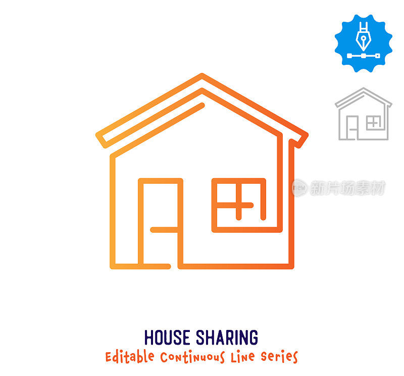 房子共享连续线可编辑的描边图标
