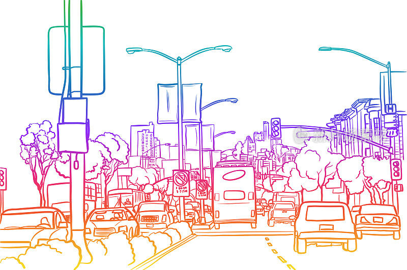城市街道正常交通彩虹