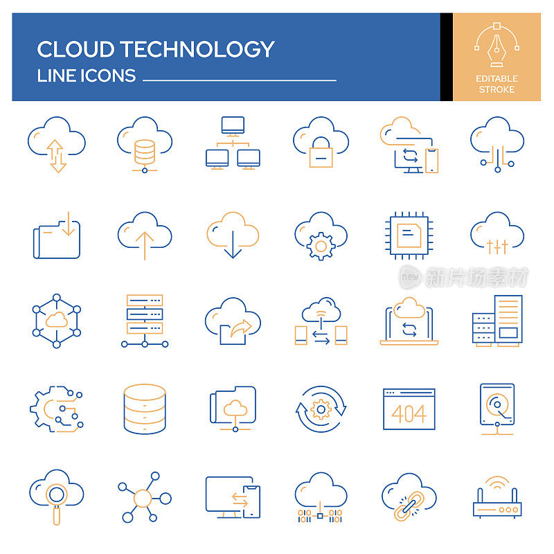 一组云计算相关的线图标。轮廓符号集合，可编辑的描边