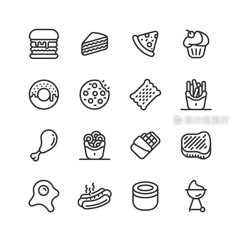 采购产品快餐，汉堡包，比萨饼，甜甜圈，炸薯条图标设计
