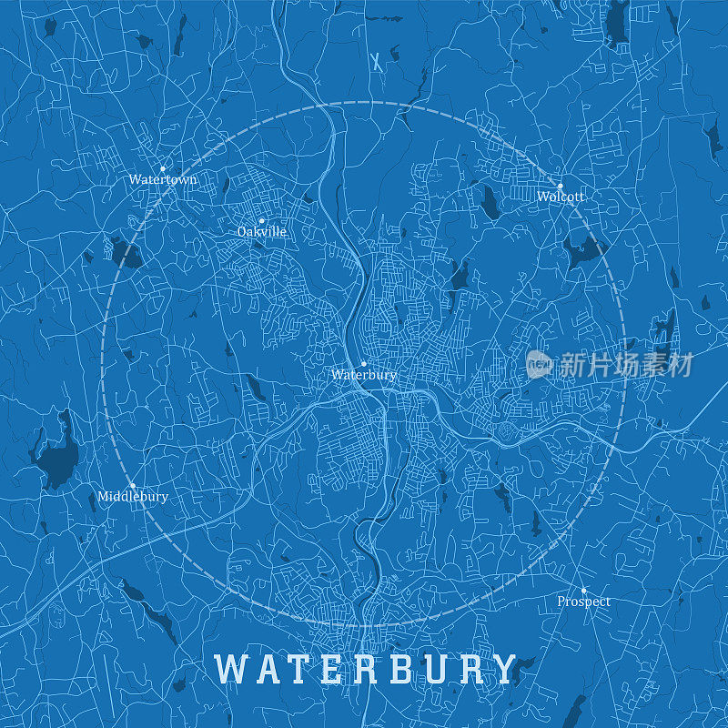 沃特伯里CT城市矢量路线图蓝色文本