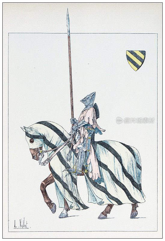 马、骑士和骑兵的古董插图:14世纪