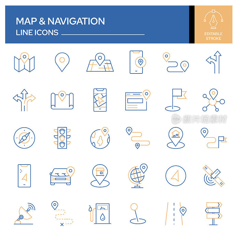 地图和导航相关的线图标的设置。轮廓符号集合，可编辑的描边