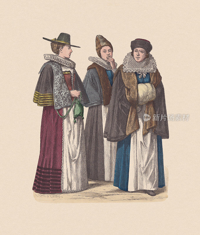 17世纪，德国奥地利服饰，手工着色木刻，大约1880年出版