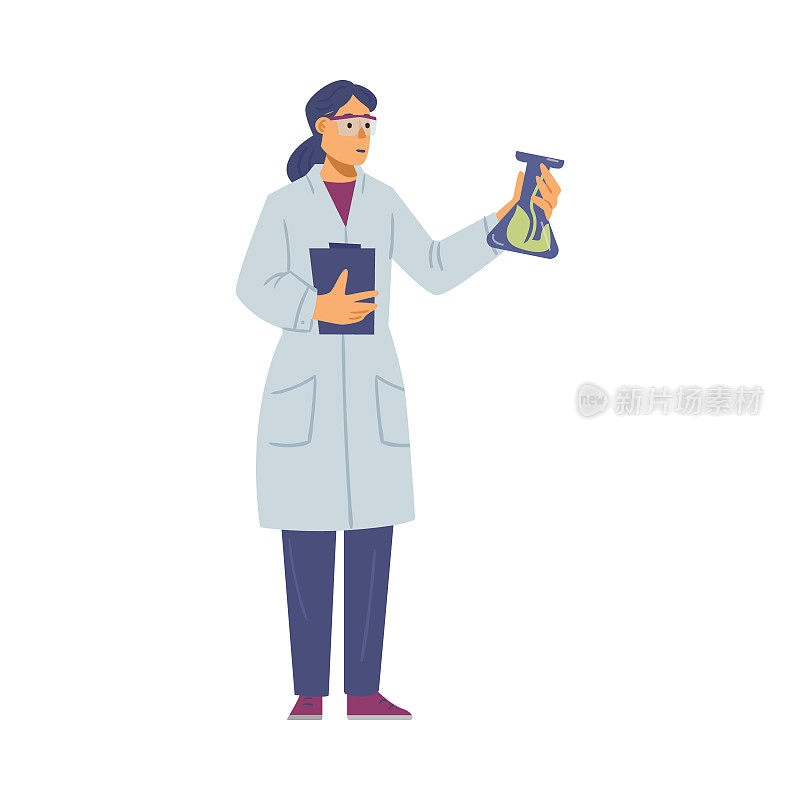 在科学实验室工作的女科学家，拿着装有绿色植物的烧瓶。
