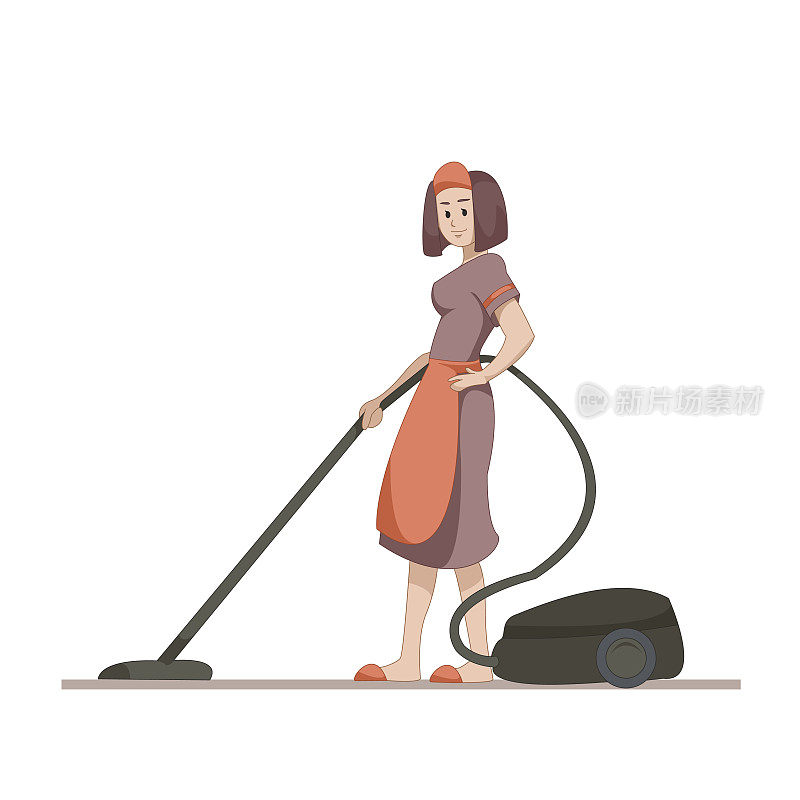 管家或家庭主妇用吸尘器进行家庭清洁。在白色背景上孤立的扁平字符。向量,EPS10插图。