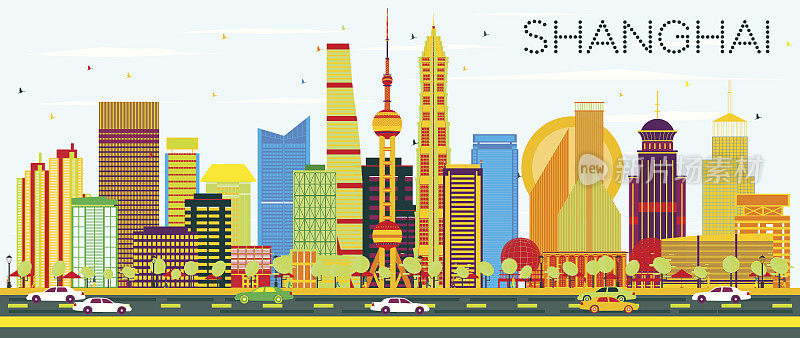 色彩建筑、蓝天的上海天际线。