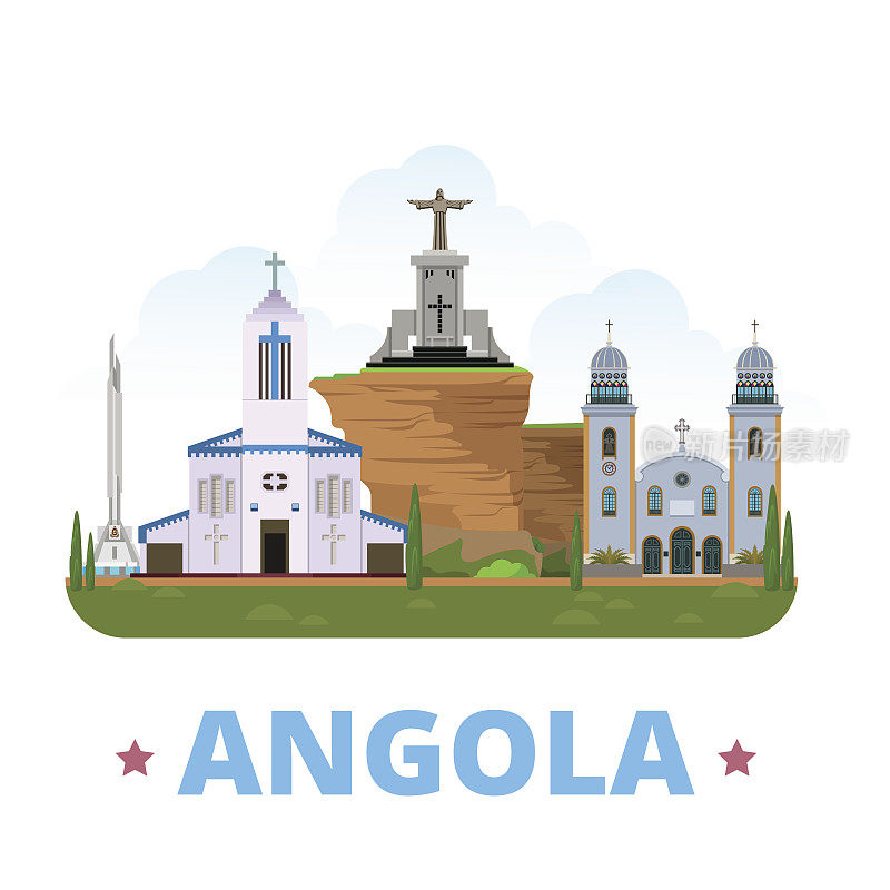 安哥拉国家设计模板。平面卡通风格的历史景观网络矢量插图。世界度假旅行非洲非洲收藏。基督万博大教堂国王雕像神圣的救世主。