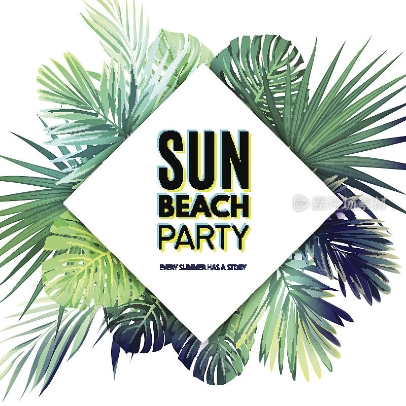 明亮的矢量花海报模板夏季海滩派对。长着绿色异国棕榈叶的热带飞禽