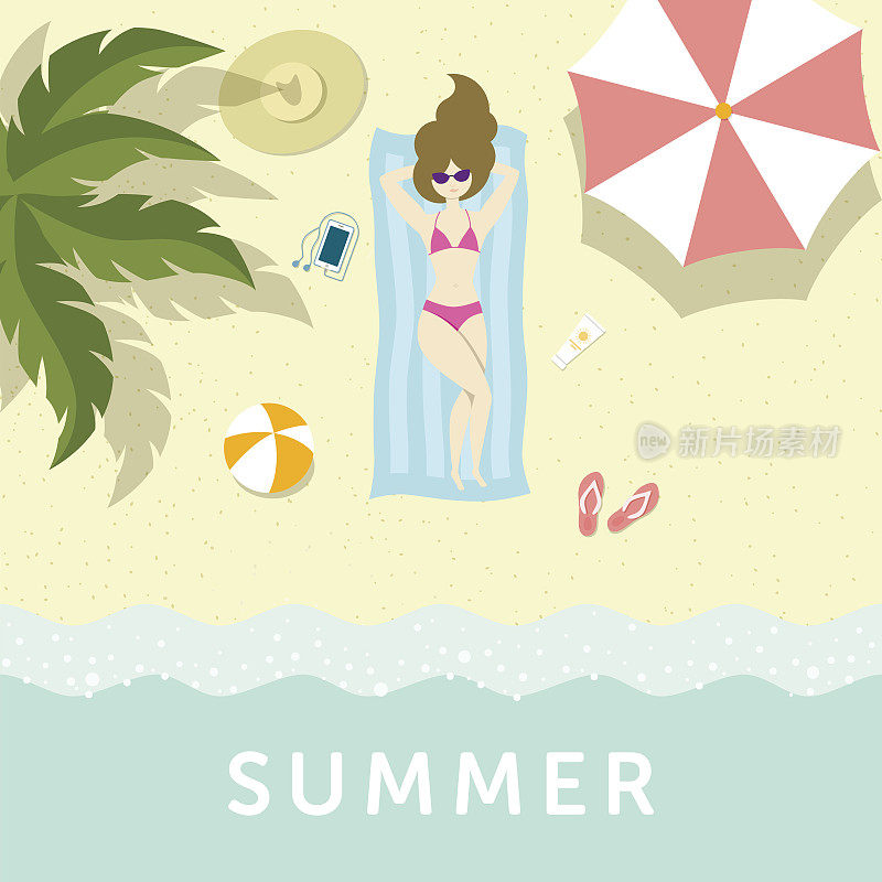 在海边的棕榈树下和伞下享受日光浴的女孩。
