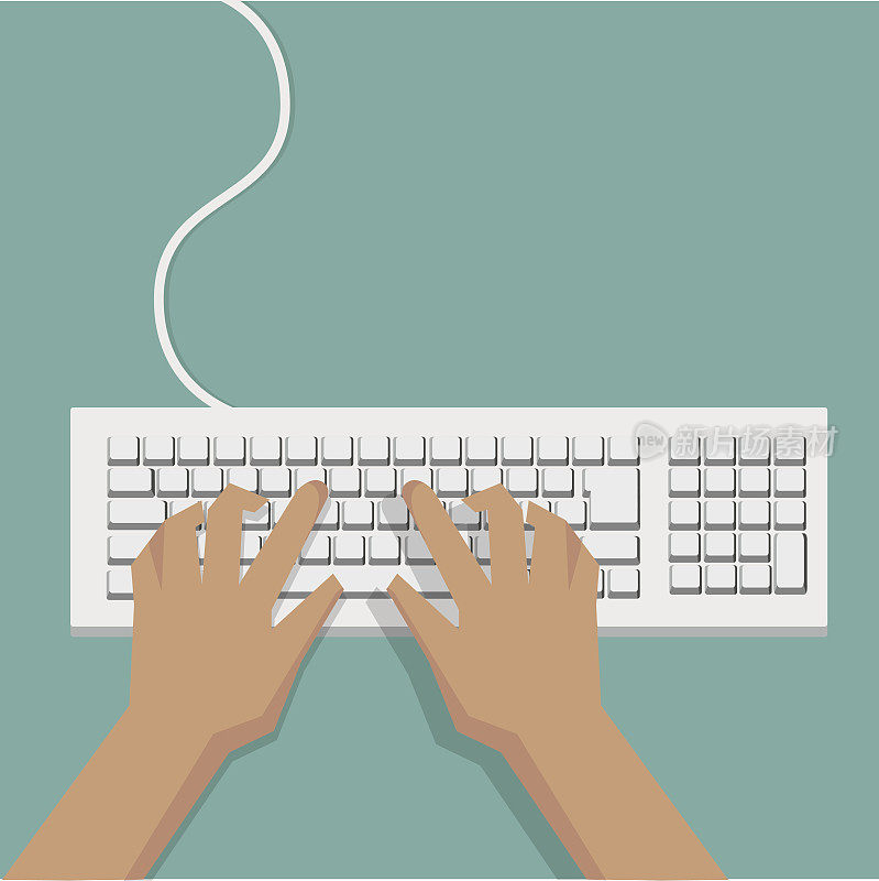 平手打字白色键盘与电缆和柔和的背景