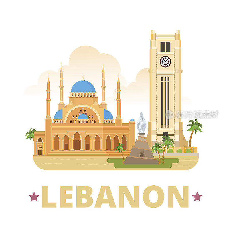 黎巴嫩国家设计模板。平面卡通风格的历史网站矢量插图。世界旅游观光亚洲收藏。贝鲁特钟楼穆罕默德阿明清真寺我们的女士雕像纪念碑