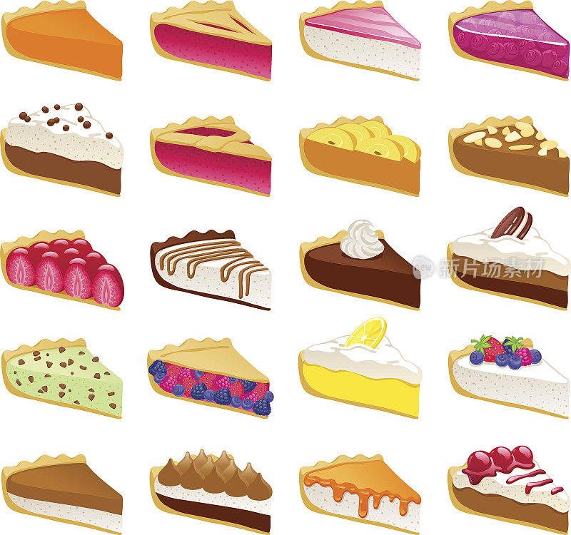 彩色甜馅饼片设置矢量插图