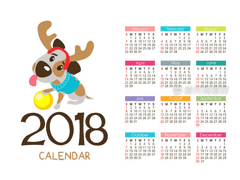 2018年圣诞日历。矢量文件。狗是这一年的象征。有趣的狗杰克罗素梗07