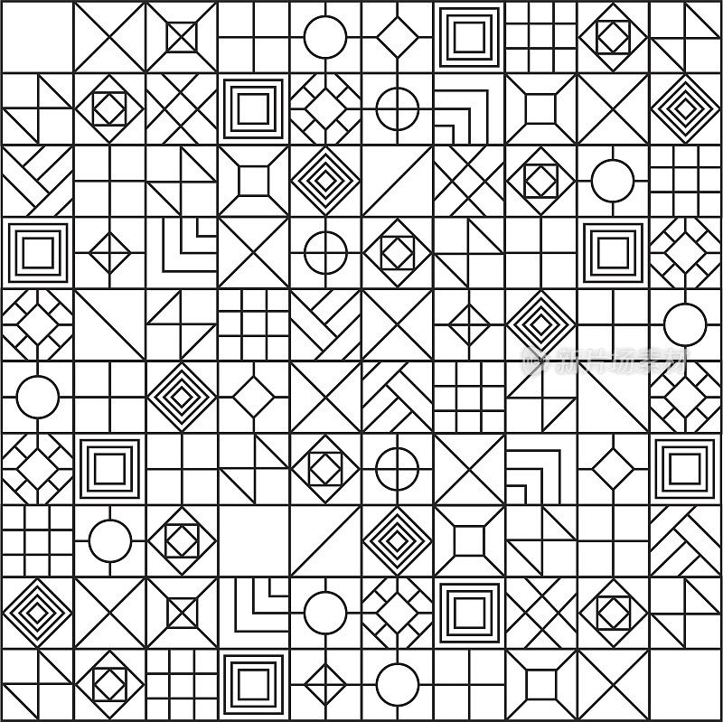 抽象线性单色图案。无缝矢量装饰的几何瓷砖。