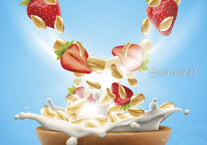 美味的燕麦片与生草莓和大牛奶喷溅广告传单矢量插图。高质量的艺术为广告宣传册，海报或标签设计