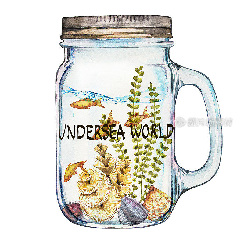 Word-Undersea世界。海洋生物景观-海洋和水下世界与不同的居民。水族馆的概念海报，t恤，标签，网站，明信片。