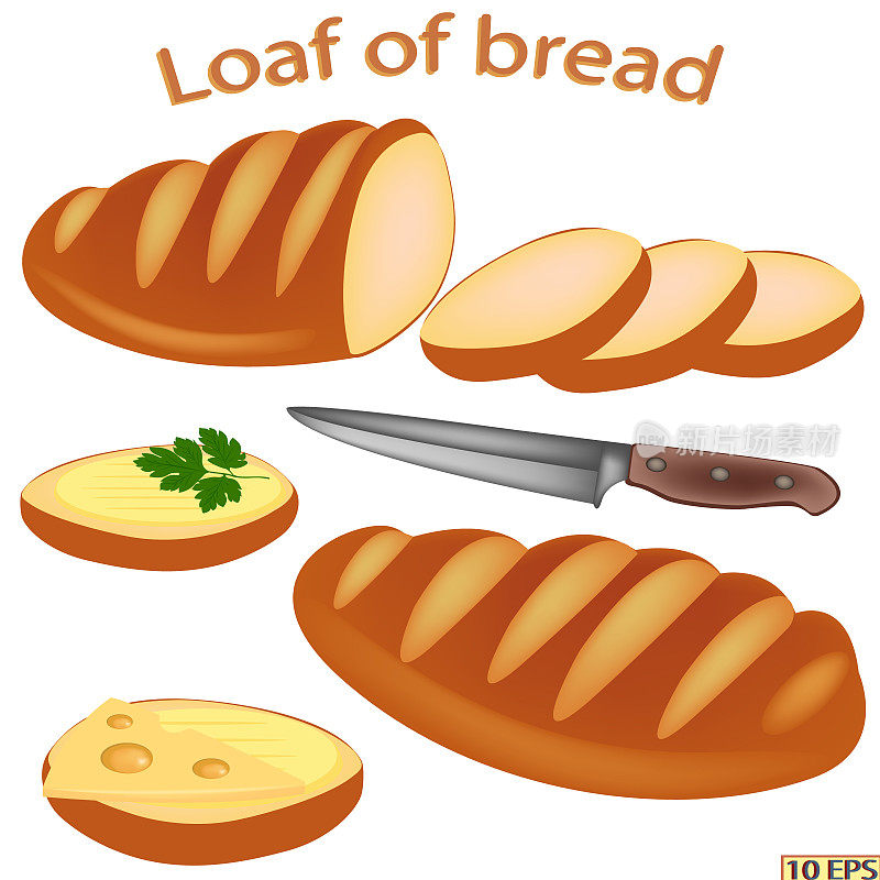 条面包。切成薄片的面包。奶酪三明治。面包和黄油。矢量食谱，菜单餐厅，厨房室内设计。
