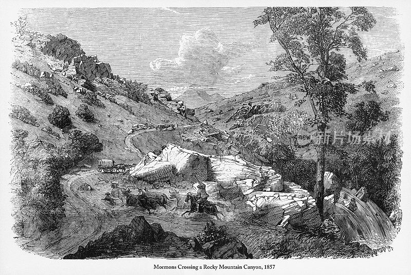 摩门教徒穿越落基山脉峡谷雕刻(1857年
