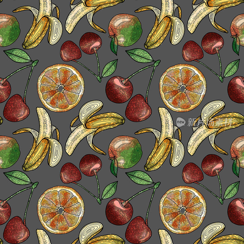 热带水果图案水彩混合。橙色，樱桃，苹果，香蕉在灰色背景上。年份水果无缝模式向量。水果鸡尾酒水彩。