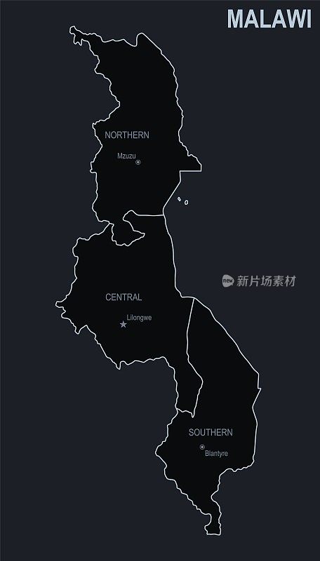 马拉维的平面地图，以黑色为背景的城市和地区