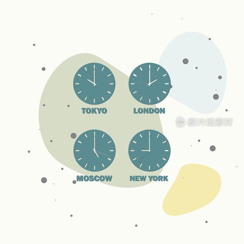 显示不同时区的时差的一组时钟。多色背景上的时区时钟国际时间。
