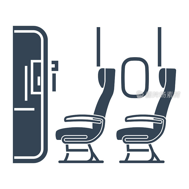 矢量黑色图标飞机在航空公司的座舱、窗户和座椅