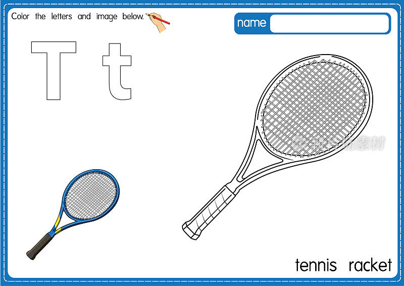 矢量插图的儿童字母着色书页与概述剪贴画，以颜色。字母T代表网球拍。