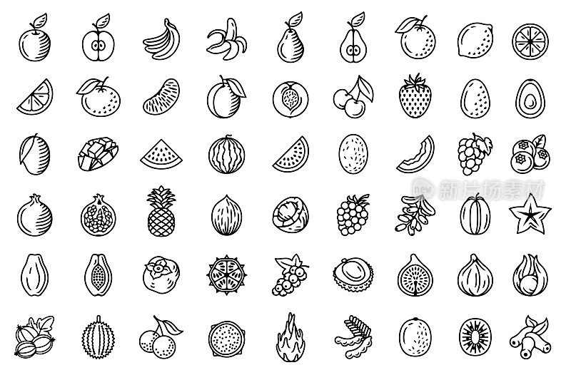 水果，奇异的水果和浆果图标集。向量孤立的图标。的雕刻风格。黑白色。