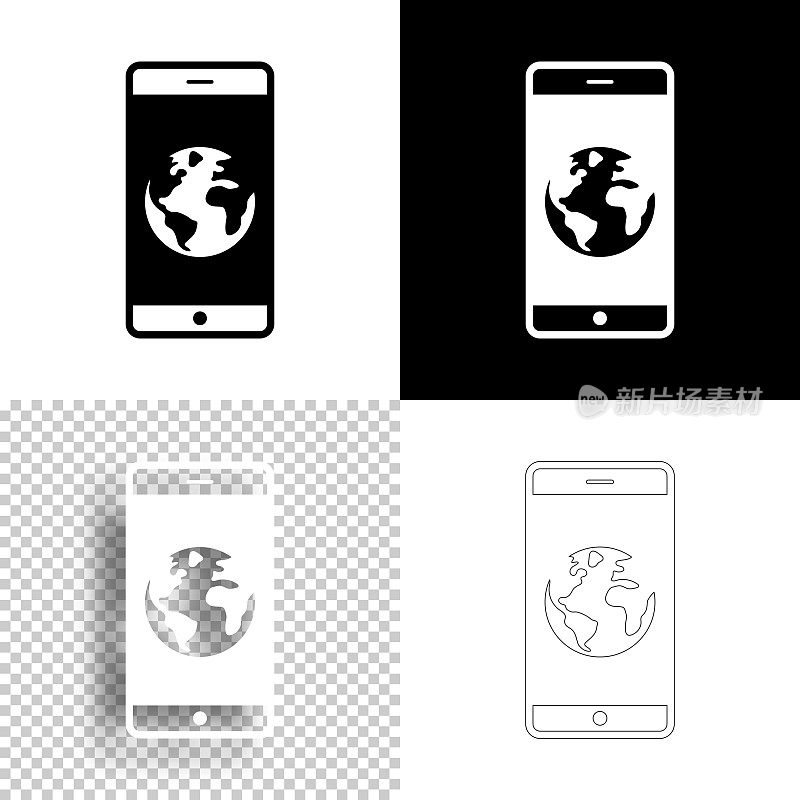 智能手机与地球。图标设计。空白，白色和黑色背景-线图标