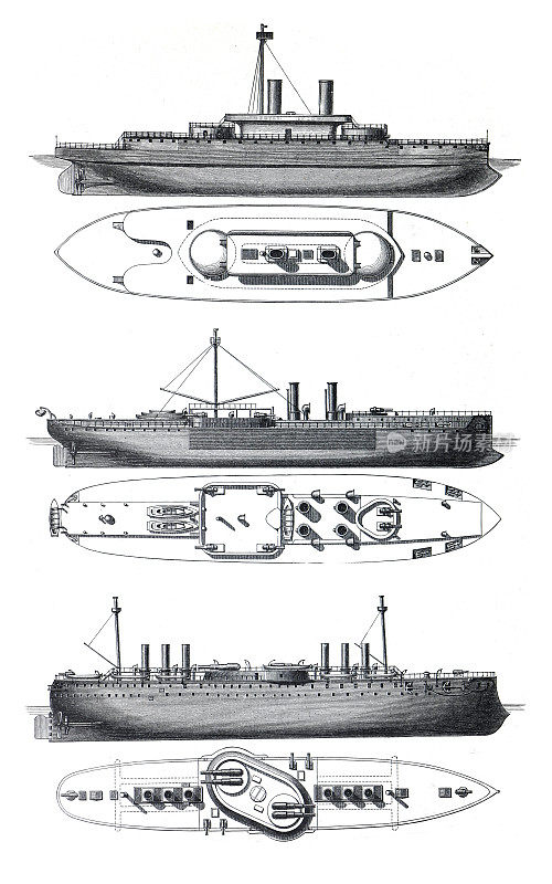 埃莫船只。或者是古董战船。英国和荷兰的军用船或战舰。手绘雕花插图