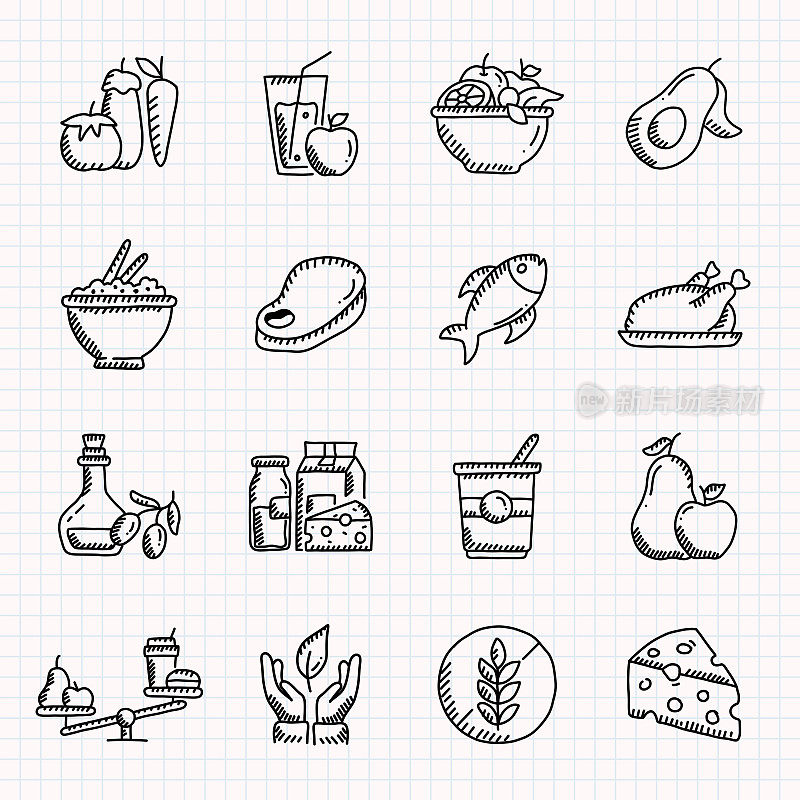 健康食品手绘图标集，涂鸦风格矢量插图