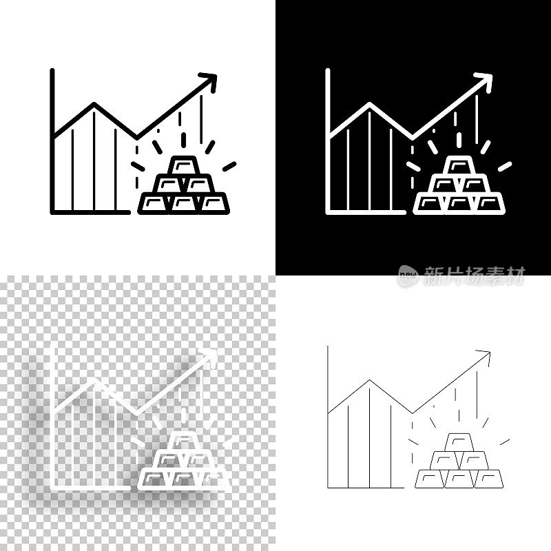 黄金价格上涨图表。图标设计。空白，白色和黑色背景-线图标