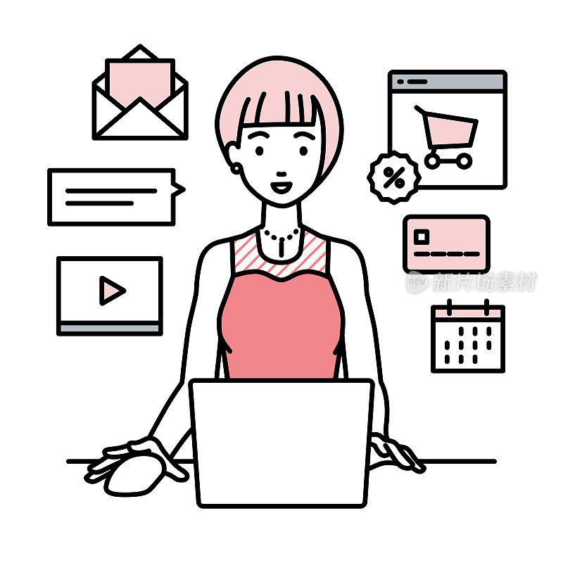 一个穿着裙子的女人在她的办公桌上用笔记本电脑浏览网站、数字营销、支付、管理在线商店和支持客户