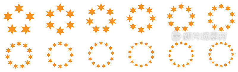 圆形由六颗尖星组成，版本有五到十六个对象，可作为信息图形元素