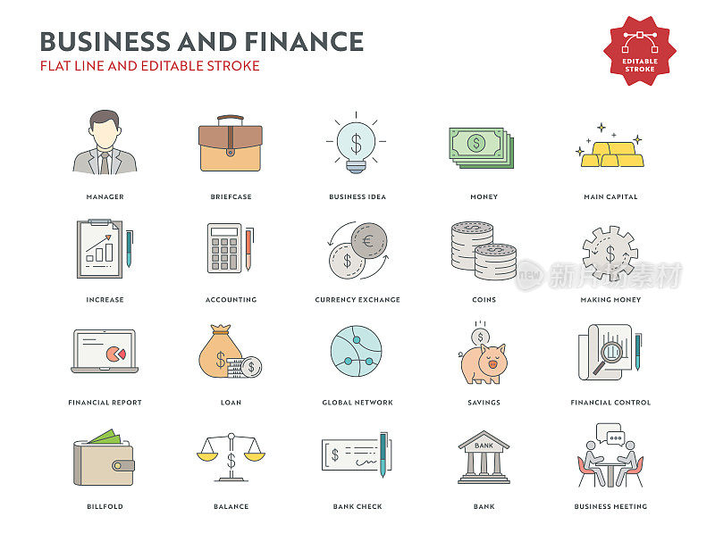 商业和金融平线图标设置与可编辑的描边