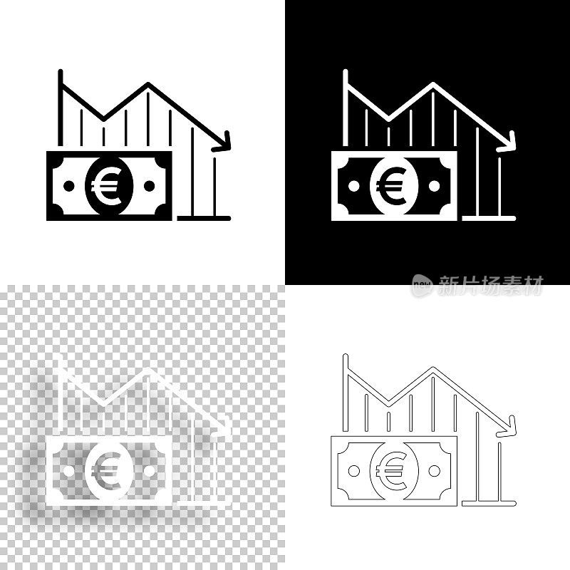 欧元钞票下降图表。图标设计。空白，白色和黑色背景-线图标