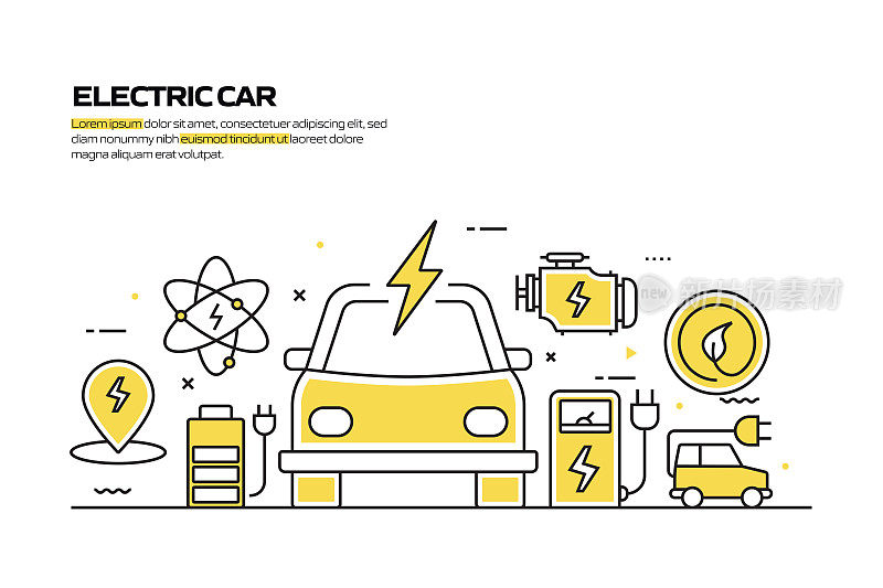电动汽车概念，线风格矢量插图